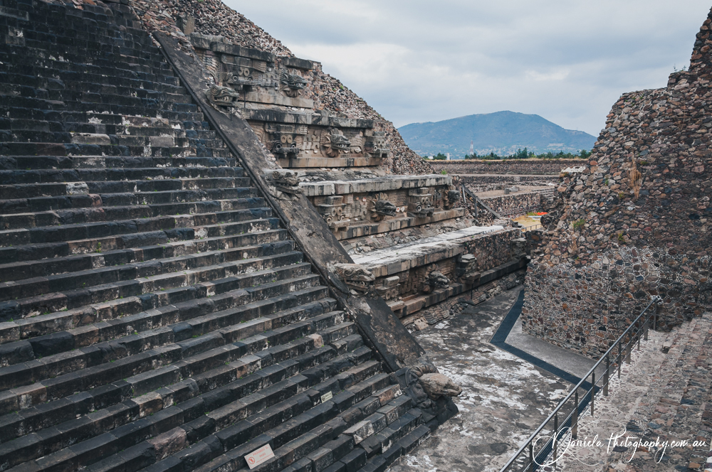 Teotihuacan ancient city Stairs and carving details Temple of Quetzalcoatl